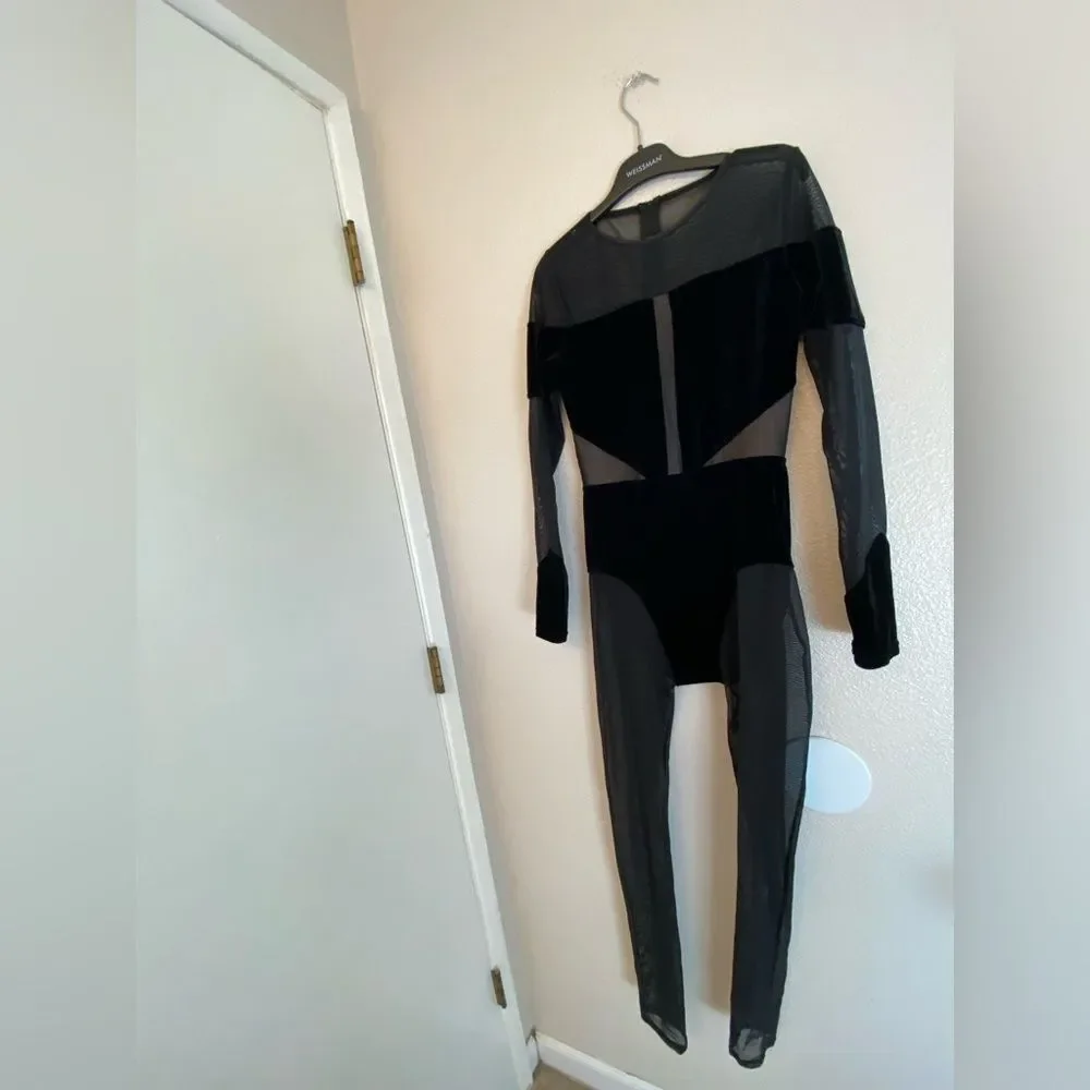 WEISSMAN Elite Dance Costume black Velvet Illusion Unitard rhinestone V12241 MA
